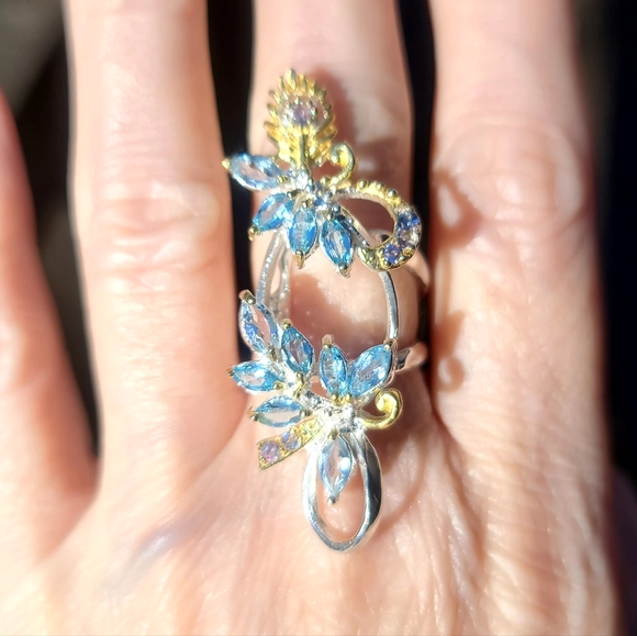 Kharma by Avelon Jewelry - GORGEOUS Aquamarine, Amethyst & Sapphire peacock floral cocktail ring sz6.5